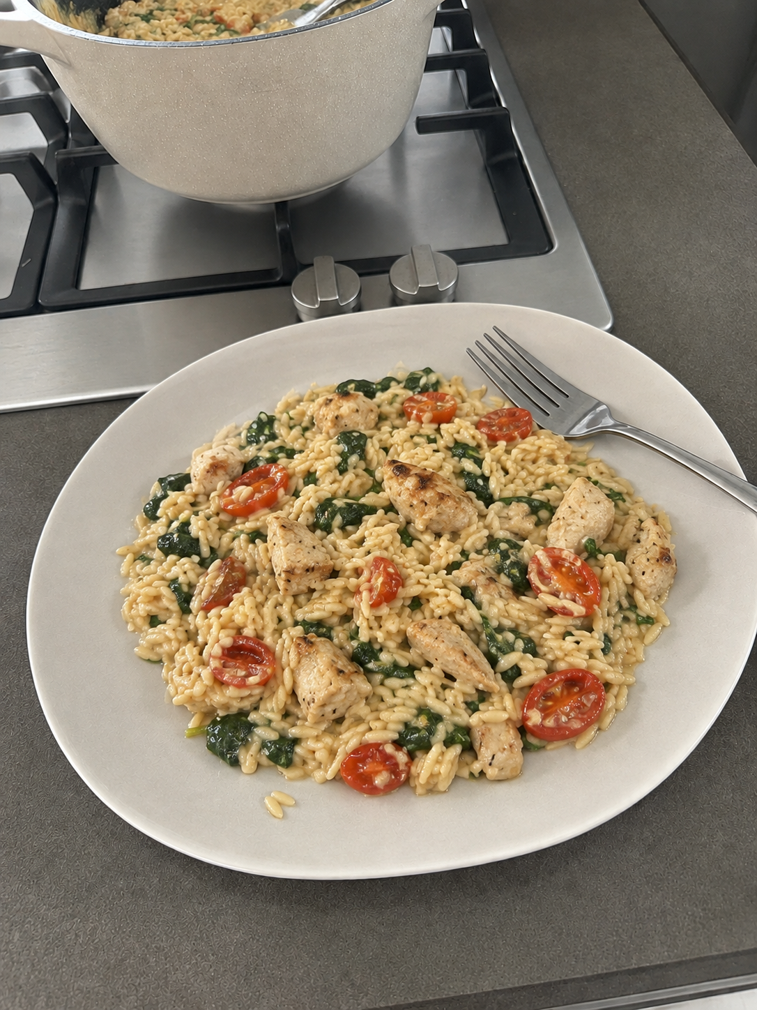 Eenpansgerecht | Orzo met kip en spinazie