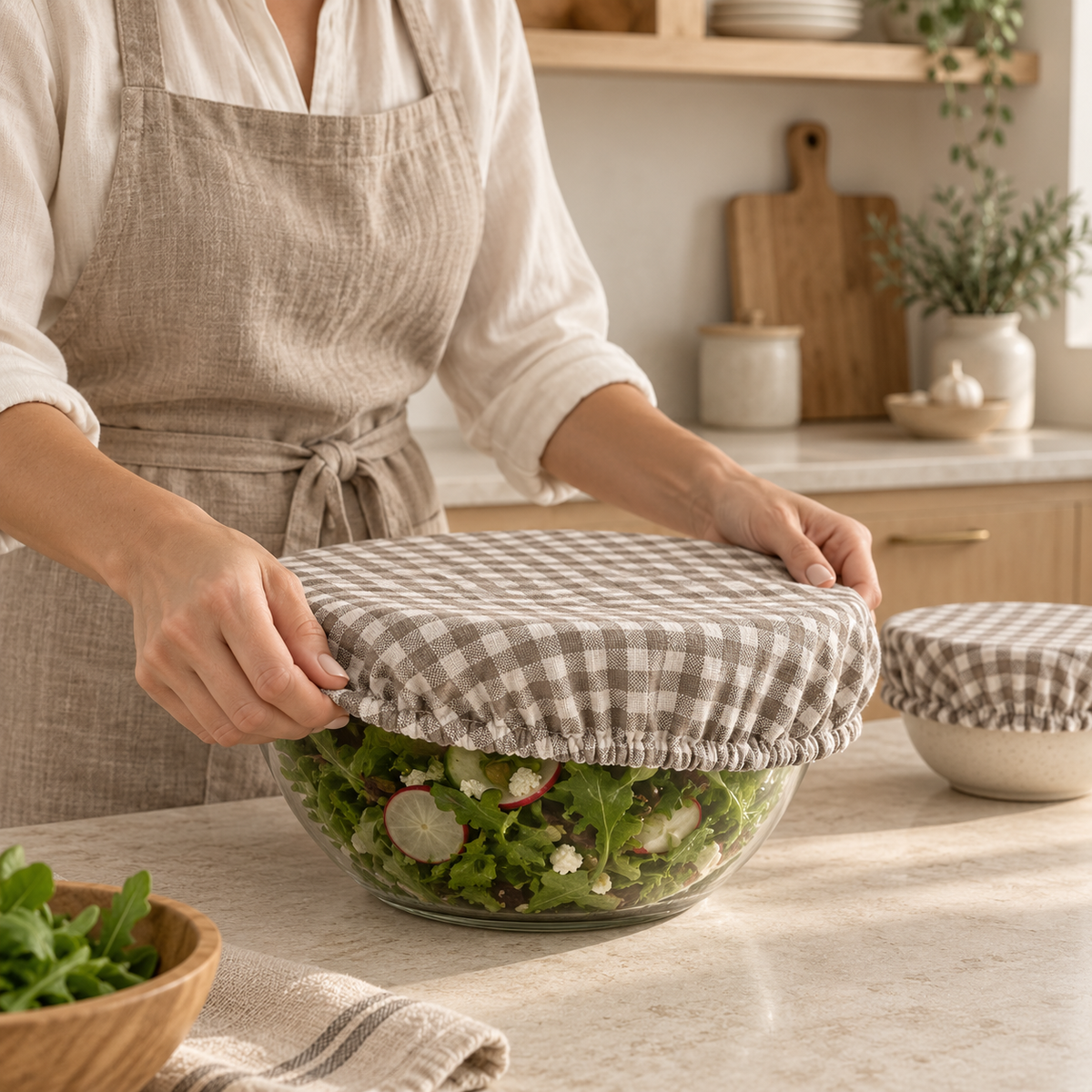 Herbruikbare beige geruite afdekhoes over een glazen saladeschaal