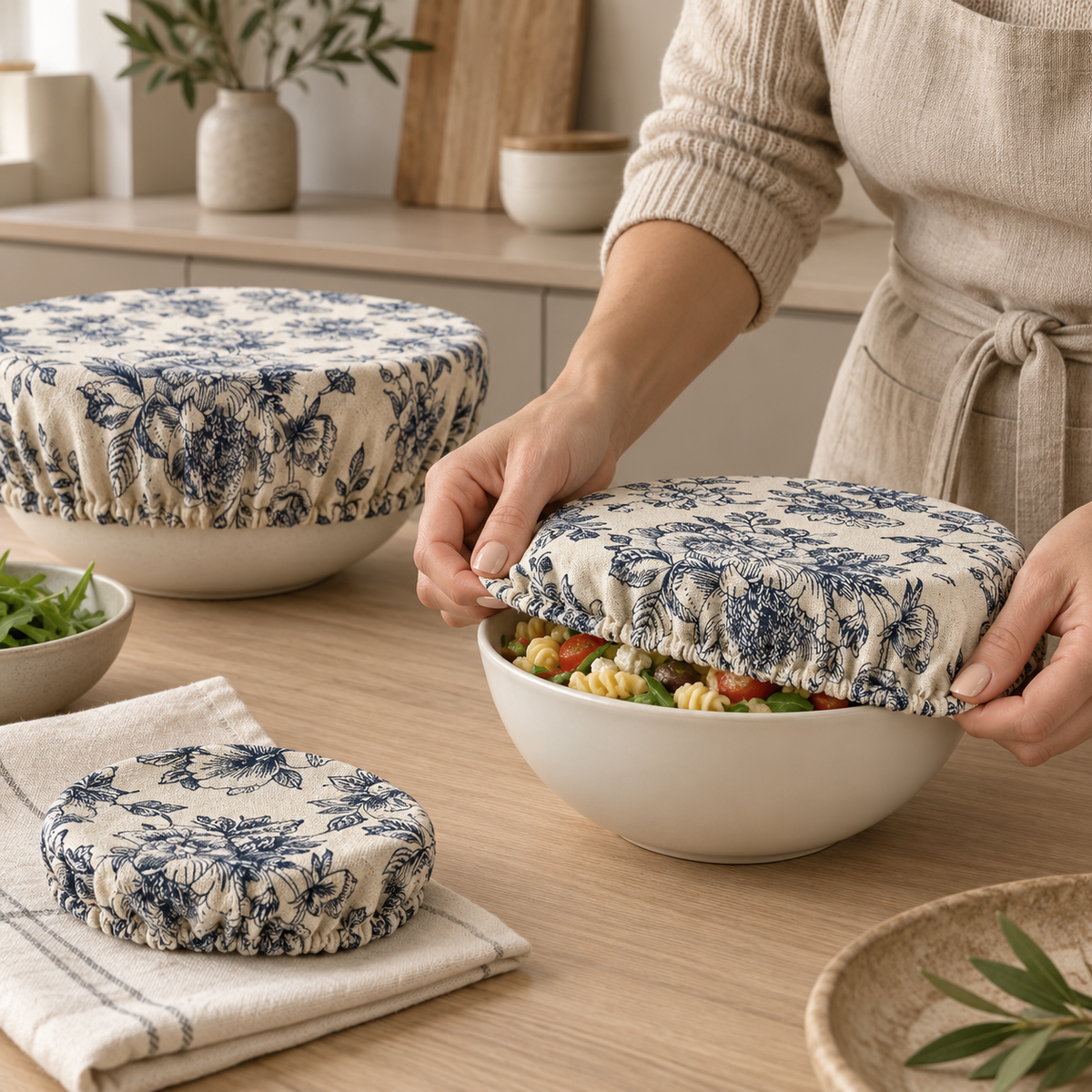 Herbruikbare afdekhoes met blauwe bloemenprint over een schaal met pastasalade