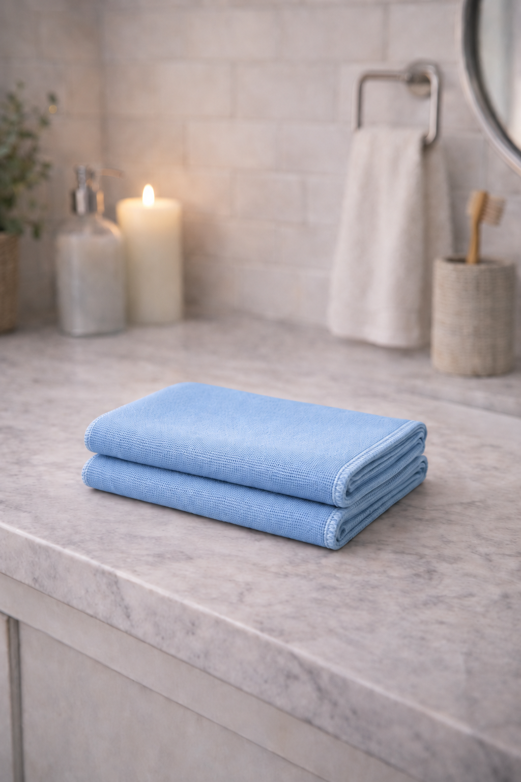 Twee lichtblauwe Tante Dee Glasdoeken voor glas en spiegels